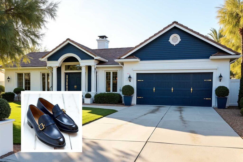 classic colonial house in white with deep navy accent wall white trim and gold accents, house color ideas from shoes, matching house color to shoes, house color ideas from shoe wardrobe, letting shoes inspire house color choice, matching shoe color to house exterior, using shoe colors to select home paint, choosing house color based on shoes, coordinating home paint with shoes