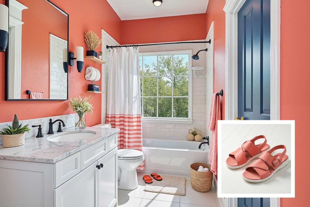 coastal bathroom with soft coral walls white trim and blue door, house color ideas from shoes, matching house color to shoes, house color ideas from shoe wardrobe, letting shoes inspire house color choice, matching shoe color to house exterior, using shoe colors to select home paint, choosing house color based on shoes, coordinating home paint with shoes