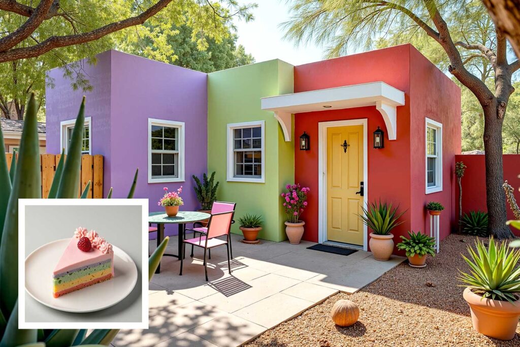colorful southwestern Guest Casita with red green and purple walls and yellow door, exterior house paint colors inspired by Instagram desserts, exterior house paint colors inspired by food , house paint colors inspired by food, unique house color inspiration from Instagram desserts, color schemes from food, home exterior colors from food, house colors, paint colors, color ideas, home colors, color inspiration