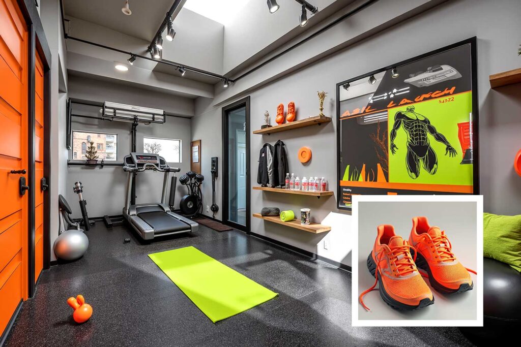 contemporary home gym with gray walls neon orange door black trim Phoenix Arcadia, house color ideas from shoes, matching house color to shoes, house color ideas from shoe wardrobe, letting shoes inspire house color choice, matching shoe color to house exterior, using shoe colors to select home paint, choosing house color based on shoes, coordinating home paint with shoes