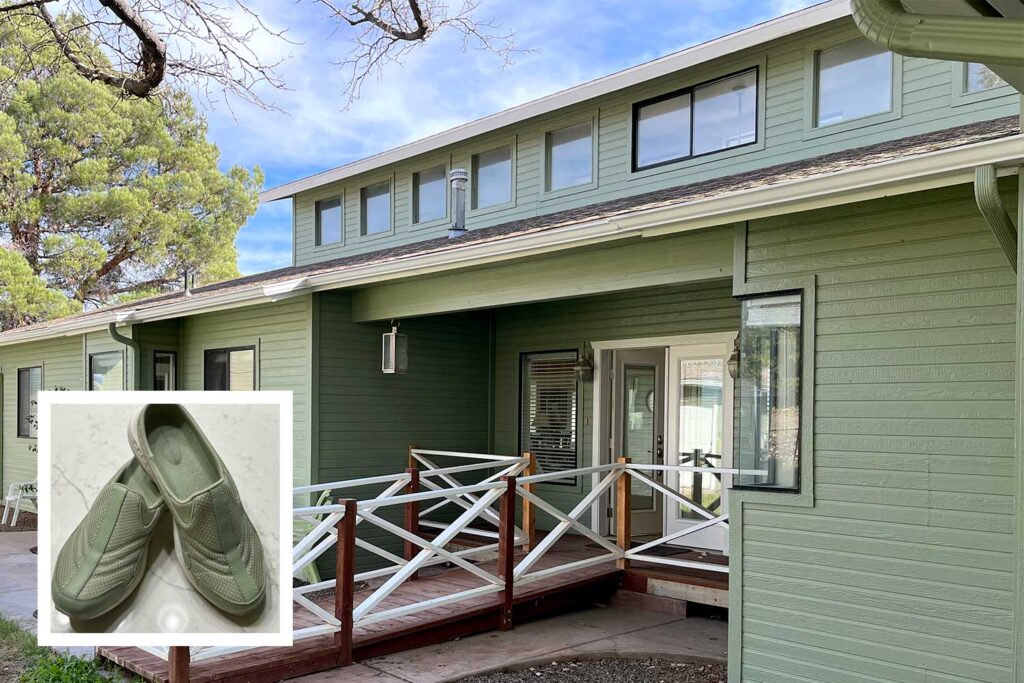 contemporary house freshly painted in sage with ivory trim, house color ideas from shoes, matching house color to shoes, house color ideas from shoe wardrobe, letting shoes inspire house color choice, matching shoe color to house exterior, using shoe colors to select home paint, choosing house color based on shoes, coordinating home paint with shoes