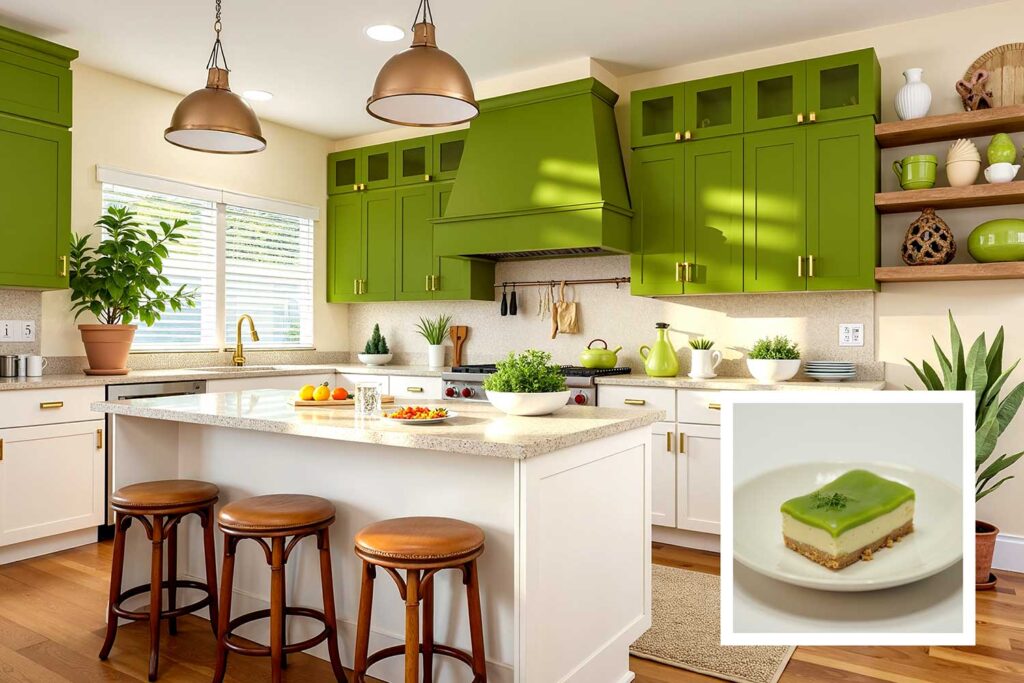 contemporary kitchen wivth matcha green cabinets and cream walls and brown flooring, house color inspiration, interior house paint colors inspired by food unique house color inspiration from everyday items, unique house color inspiration from instagram food, unique house color inspiration from instagram desserts, interior color schemes based on desserts