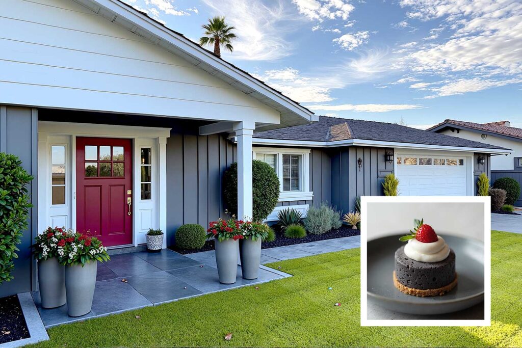 contemporary ranch house with charcoal walls and off-white trim and crimson door, exterior house paint colors inspired by Instagram desserts, exterior house paint colors inspired by food , house paint colors inspired by food, unique house color inspiration from Instagram desserts, color schemes from food, home exterior colors from food, house colors, paint colors, color ideas, home colors, color inspiration