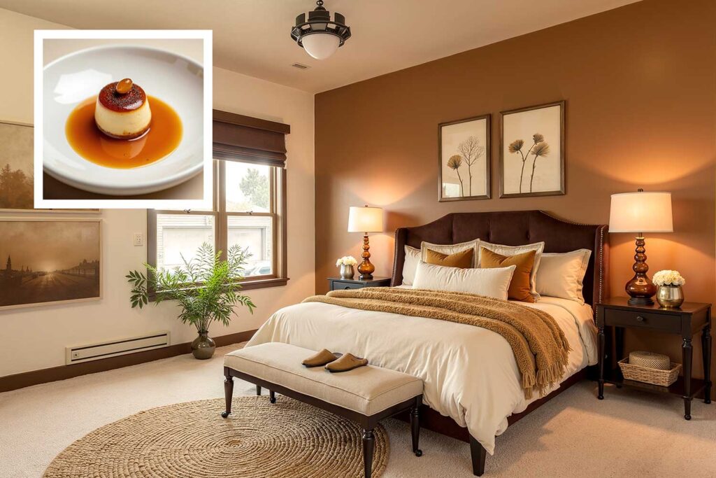 cozy bedroom with caramel accent wall and creamy vanilla walls with brown bedding, house color inspiration, interior house paint colors inspired by food unique house color inspiration from everyday items, unique house color inspiration from instagram food, unique house color inspiration from instagram desserts, interior color schemes based on desserts