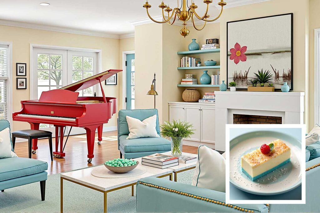 cozy living room with cream walls and aqua blue details and red piano and mint green rug, house color inspiration, interior house paint colors inspired by food unique house color inspiration from everyday items, unique house color inspiration from instagram food, unique house color inspiration from instagram desserts, interior color schemes based on desserts