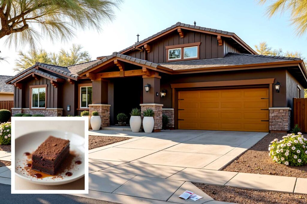 craftsman house with deep brown walls medium brown trim and burnt sienna doors, exterior house paint colors inspired by Instagram desserts, exterior house paint colors inspired by food , house paint colors inspired by food, unique house color inspiration from Instagram desserts, color schemes from food, home exterior colors from food, house colors, paint colors, color ideas, home colors, color inspiration