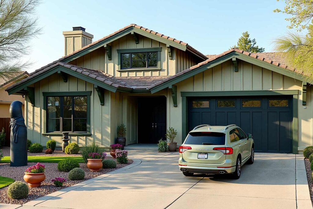 craftsman house with light olive siding moss green trim black door and green station wagon, car-influenced home color palettes, matching your ride and residence, car and house paint harmony, car-themed house color inspiration, color pairings for cars and homes, sync your car and house colors, vehicle-inspired home exteriors, house color ideas from your car