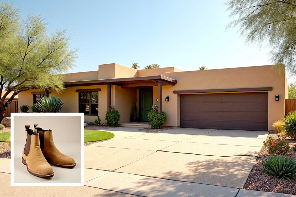 desert modern home exterior with warm sand walls and deep brown trim, house color ideas from shoes, matching house color to shoes, house color ideas from shoe wardrobe, letting shoes inspire house color choice, matching shoe color to house exterior, using shoe colors to select home paint, choosing house color based on shoes, coordinating home paint with shoes