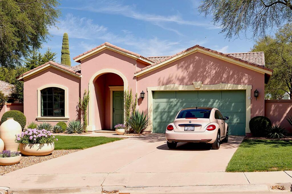 dusty rose cottage with cream trim sage green garage door blush pink compact car, car-influenced home color palettes, matching your ride and residence, car and house paint harmony, car-themed house color inspiration, color pairings for cars and homes, sync your car and house colors, vehicle-inspired home exteriors, house color ideas from your car
