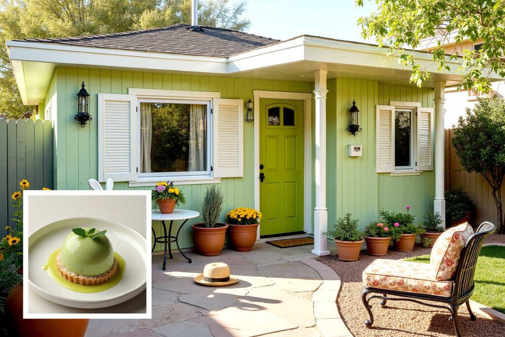 eclectic garden guest house pistachio green walls white trim deep lime green door, exterior house paint colors inspired by Instagram desserts, exterior house paint colors inspired by food , house paint colors inspired by food, unique house color inspiration from Instagram desserts, color schemes from food, home exterior colors from food, house colors, paint colors, color ideas, home colors, color inspiration