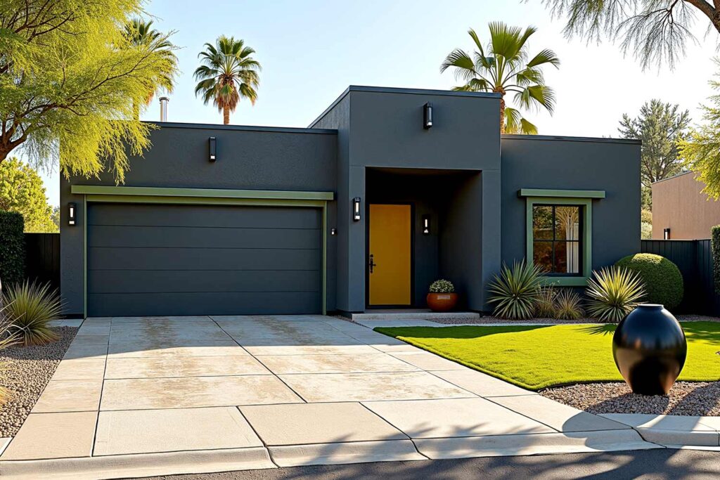 freshly painted Contemporary Phoenix house with deep charcoal walls sage trim ochre door, exterior house painting contractors, Residential exterior painters, Home exterior painting professionals, Exterior house painters, House painting services, Exterior painting specialists, Home painting contractors, Exterior painting companies, Residential painting contractors, House exterior paint contractors, Exterior home painters, Professional house painters