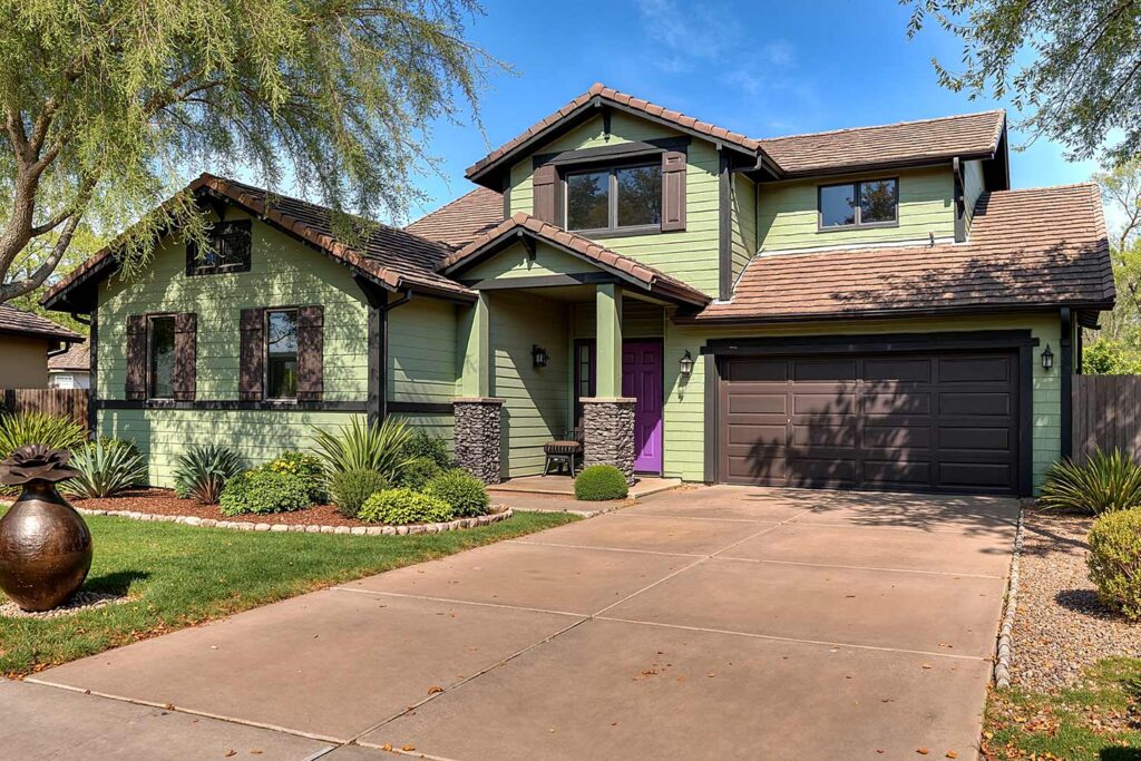 freshly painted Craftsman cottage with sage siding bronze trim and plum door, exterior home painting contractors, exterior painting and coating contractors, exterior paint application specialists, house painting contractors near me, exterior painting and renovation contractors, exterior paint and finishing specialists, residential exterior paint professionals, exterior house finishing painters