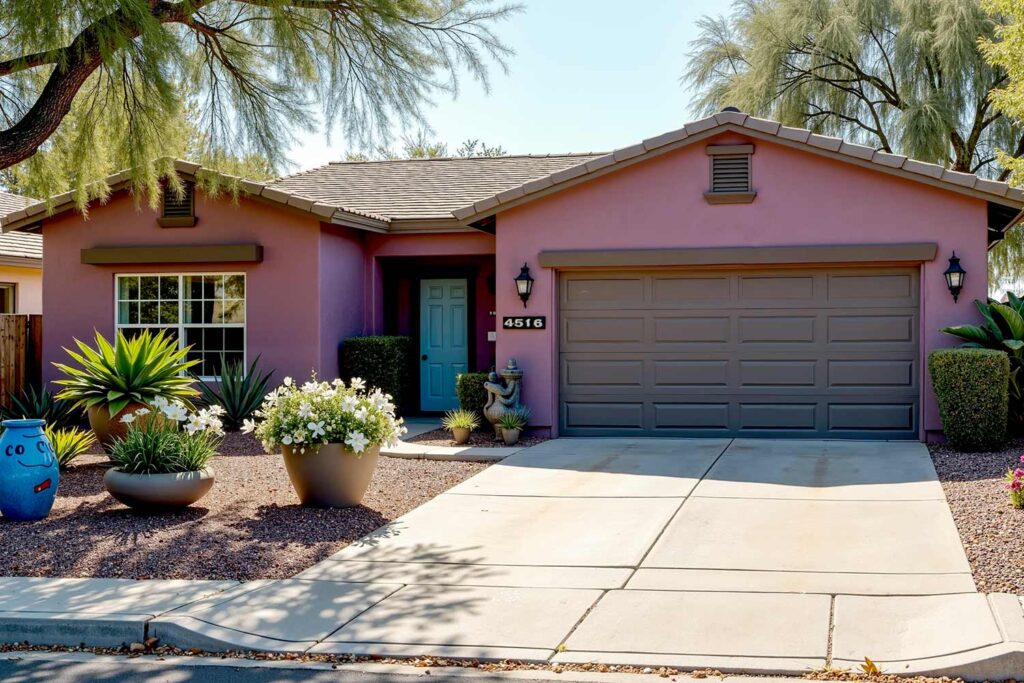 freshly painted Eclectic Phoenix Arcadia home with plum walls taupe trim and blue door, exterior home painting contractors, exterior painting and coating contractors, exterior paint application specialists, house painting contractors near me, exterior painting and renovation contractors, exterior paint and finishing specialists, residential exterior paint professionals, exterior house finishing painters