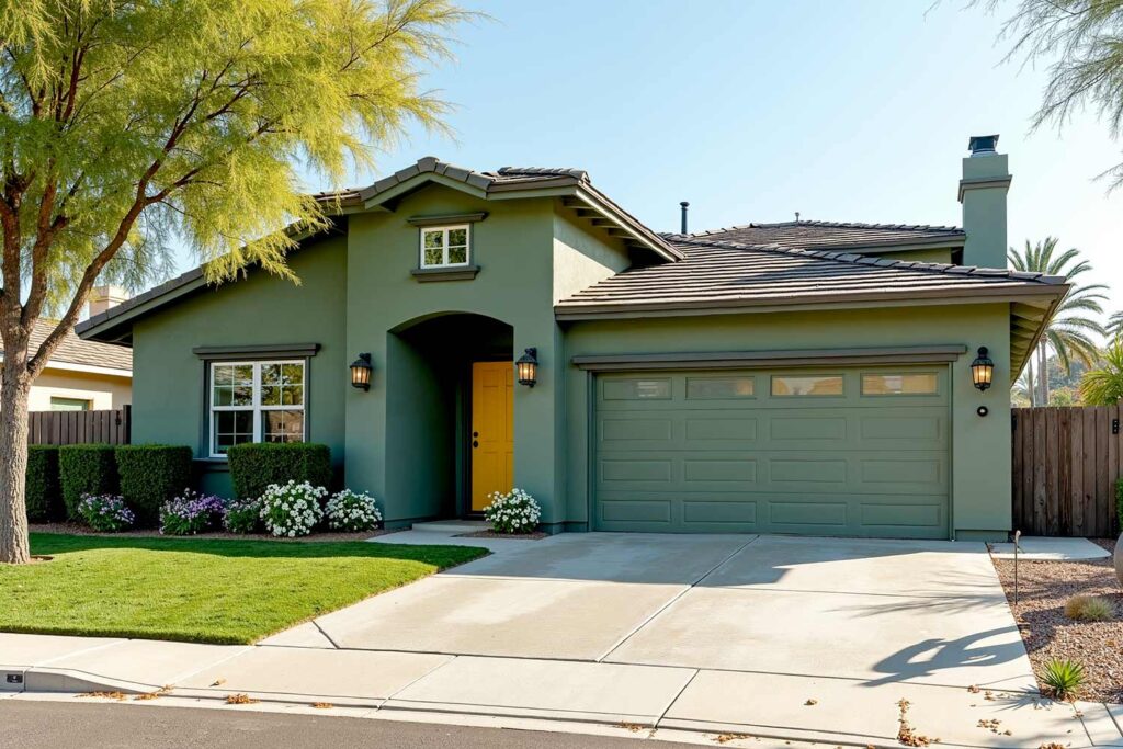 freshly painted Modern farmhouse sage green walls charcoal gray trim yellow door, exterior painting experts, residential paint services, exterior house painting experts, licensed exterior painters, exterior paint contractors, home exterior paint specialists, exterior painting service providers, exterior facade painters, exterior wall painting contractors, house exterior painting professionals, exterior surface painters