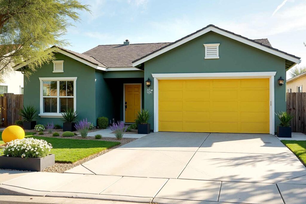 freshly painted Modern farmhouse sage green walls white trim yellow door, exterior painting experts, residential paint services, exterior house painting experts, licensed exterior painters, exterior paint contractors, home exterior paint specialists, exterior painting service providers, exterior facade painters, exterior wall painting contractors, house exterior painting professionals, exterior surface painters