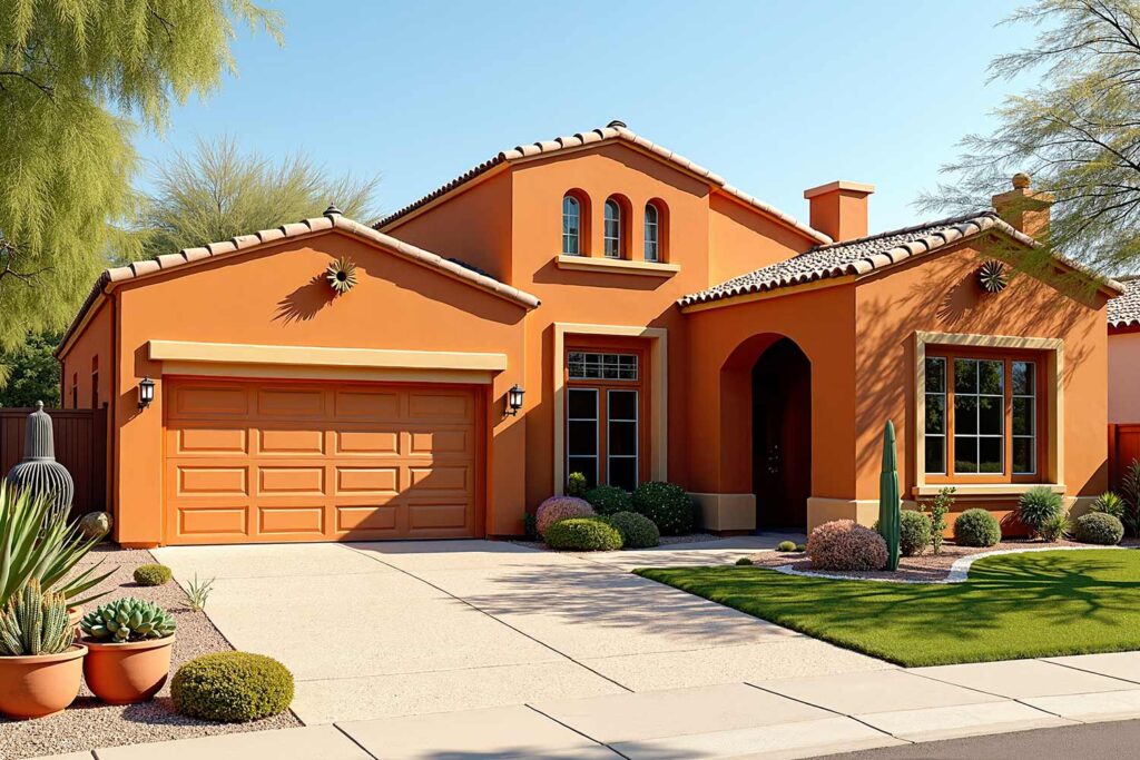 freshly painted Scottsdale Spanish revival with terracotta walls and khaki trim, exterior house painting contractors, Residential exterior painters, Home exterior painting professionals, Exterior house painters, House painting services, Exterior painting specialists, Home painting contractors, Exterior painting companies, Residential painting contractors, House exterior paint contractors, Exterior home painters, Professional house painters