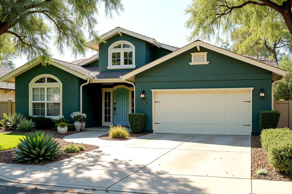 freshly painted Scottsdale farmhouse with smoky jade walls creamy ivory trim and light blue door, exterior painting experts, residential paint services, exterior house painting experts, licensed exterior painters, exterior paint contractors, home exterior paint specialists, exterior painting service providers, exterior facade painters, exterior wall painting contractors, house exterior painting professionals, exterior surface painters