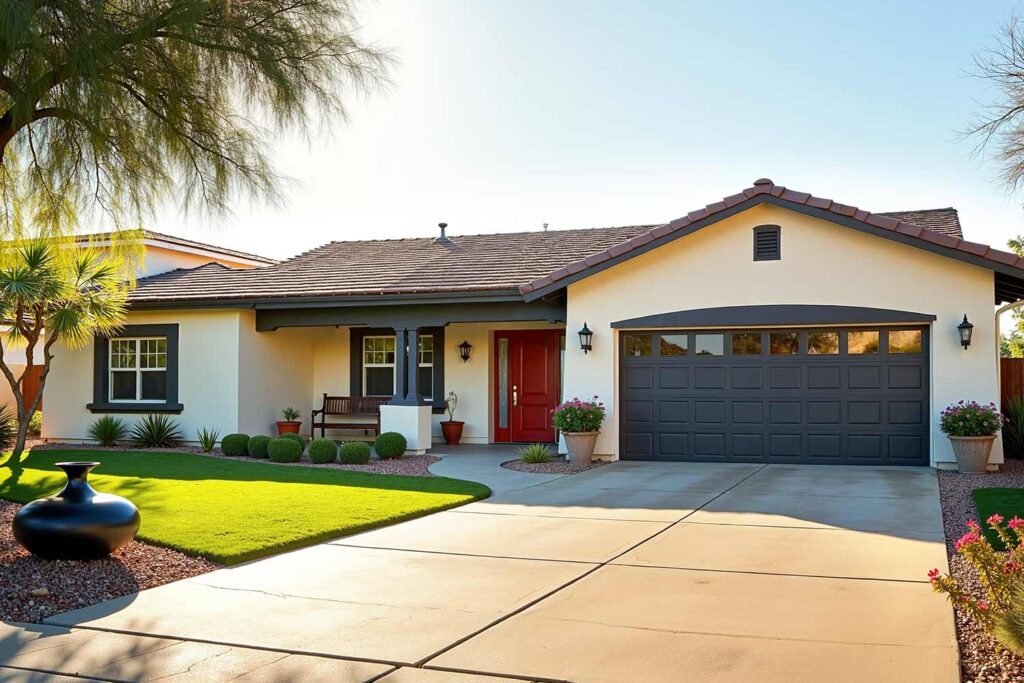 freshly painted Scottsdale home with ivory exterior charcoal trim and deep red door, exterior painting experts, residential paint services, exterior house painting experts, licensed exterior painters, exterior paint contractors, home exterior paint specialists, exterior painting service providers, exterior facade painters, exterior wall painting contractors, house exterior painting professionals, exterior surface painters