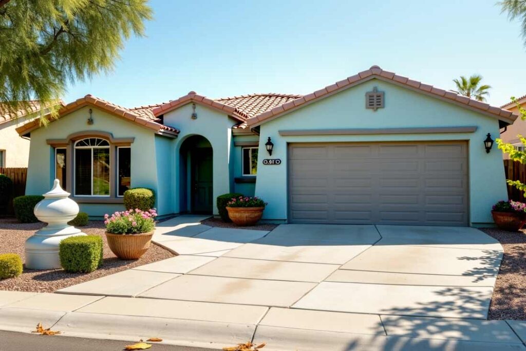 freshly painted Scottsdale house with pastel blue walls taupe trim and pale green door, exterior painting experts, residential paint services, exterior house painting experts, licensed exterior painters, exterior paint contractors, home exterior paint specialists, exterior painting service providers, exterior facade painters, exterior wall painting contractors, house exterior painting professionals, exterior surface painters