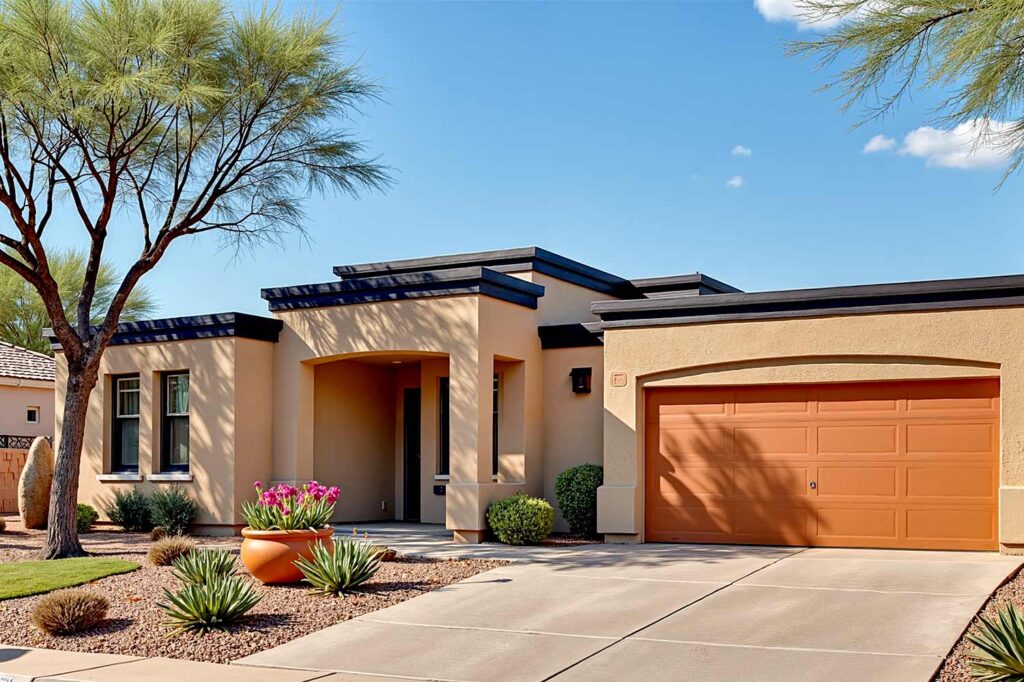 freshly painted Southwestern home with sand walls black trim and terracotta door, exterior house painting contractors, Residential exterior painters, Home exterior painting professionals, Exterior house painters, House painting services, Exterior painting specialists, Home painting contractors, Exterior painting companies, Residential painting contractors, House exterior paint contractors, Exterior home painters, Professional house painters