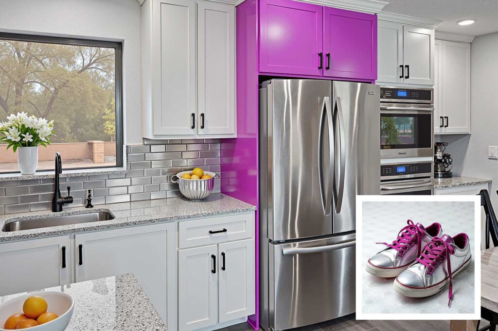 futuristic kitchen cool white walls stainless steel backsplash and magenta cabinet, house color ideas from shoes, matching house color to shoes, house color ideas from shoe wardrobe, letting shoes inspire house color choice, matching shoe color to house exterior, using shoe colors to select home paint, choosing house color based on shoes, coordinating home paint with shoes