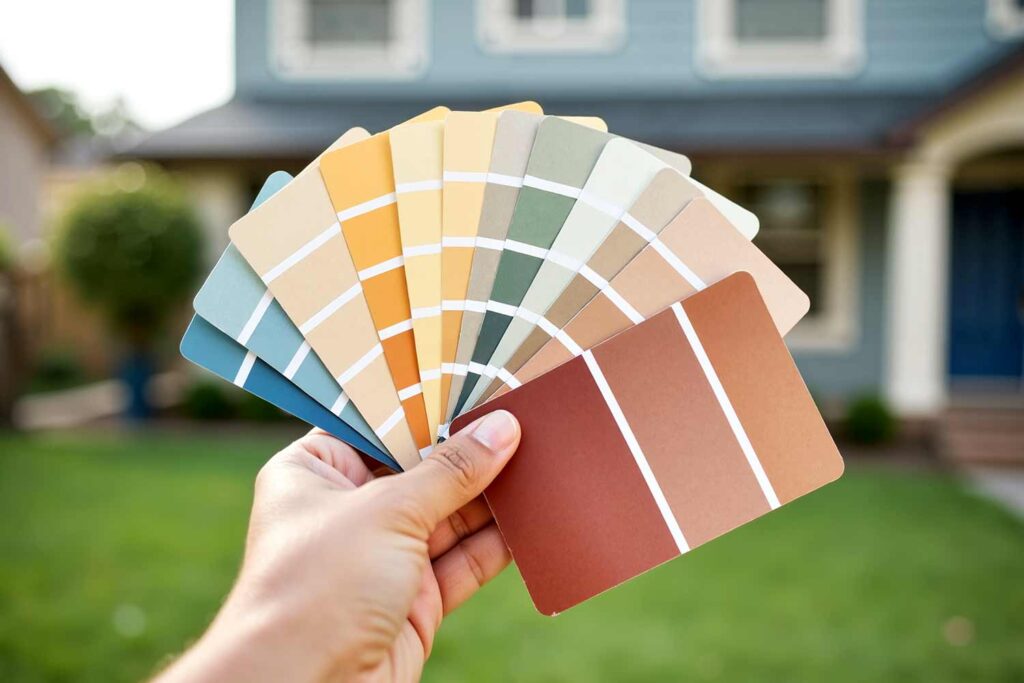 hand holding multiple paint swatches up to a home’s exterior, communication with exterior paint contractors, collaborating with exterior paint contractors, discussing plans with painting professionals, consulting with house painters, coordinating with exterior painting companies, sharing ideas with paint contractors, exchanging ideas with exterior painting services, conveying your vision to painting experts, dialogue with exterior house painters, engaging with painting contractors, working with exterior painting specialists, interacting with professional painters, partnering with exterior paint services, communicating preferences to house painters, providing input to painting contractors, articulating your goals for exterior painting, giving feedback to exterior paint professionals, connecting with home exterior painters, requesting advice from painting contractors, outlining expectations to exterior painters, reaching agreements with painting companies