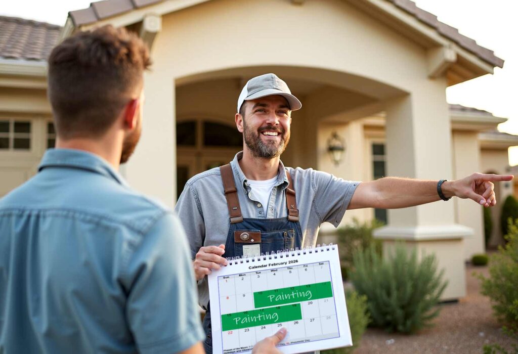 homeowner and painter in front yard exterior of a Phoenix home pointing out a date on a calendar, communication with exterior paint contractors, collaborating with exterior paint contractors, discussing plans with painting professionals, consulting with house painters, coordinating with exterior painting companies, sharing ideas with paint contractors, exchanging ideas with exterior painting services, conveying your vision to painting experts, dialogue with exterior house painters, engaging with painting contractors, working with exterior painting specialists, interacting with professional painters, partnering with exterior paint services, communicating preferences to house painters, providing input to painting contractors, articulating your goals for exterior painting, giving feedback to exterior paint professionals, connecting with home exterior painters, requesting advice from painting contractors, outlining expectations to exterior painters, reaching agreements with painting companies