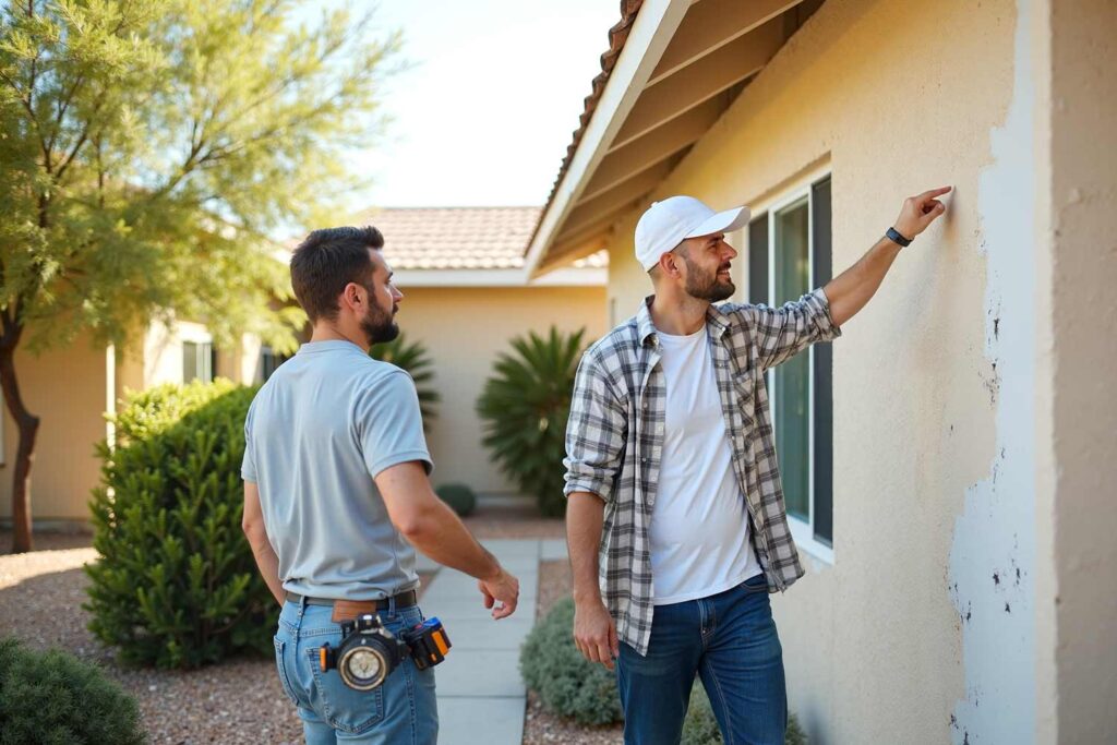 homeowner and painter walking around exterior of a Phoenix home pointing out some damage, communication with exterior paint contractors, collaborating with exterior paint contractors, discussing plans with painting professionals, consulting with house painters, coordinating with exterior painting companies, sharing ideas with paint contractors, exchanging ideas with exterior painting services, conveying your vision to painting experts, dialogue with exterior house painters, engaging with painting contractors, working with exterior painting specialists, interacting with professional painters, partnering with exterior paint services, communicating preferences to house painters, providing input to painting contractors, articulating your goals for exterior painting, giving feedback to exterior paint professionals, connecting with home exterior painters, requesting advice from painting contractors, outlining expectations to exterior painters, reaching agreements with painting companies
