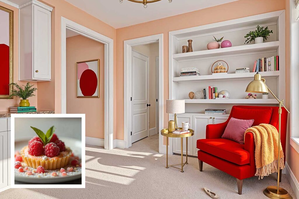 inviting reading nook with soft peach walls and white trim and bright red art and chair, house color inspiration, interior house paint colors inspired by food unique house color inspiration from everyday items, unique house color inspiration from instagram food, unique house color inspiration from instagram desserts, interior color schemes based on desserts