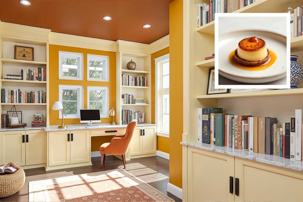 library home office with soft butterscotch walls and cinnamon ceiling, house color inspiration, interior house paint colors inspired by food unique house color inspiration from everyday items, unique house color inspiration from instagram food, unique house color inspiration from instagram desserts, interior color schemes based on desserts