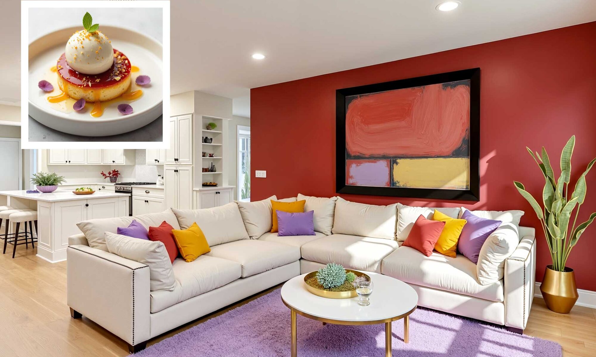 living room with creamy vanilla walls with red accent wall and white trim and lavender rug FEATURE, house color inspiration, interior house paint colors inspired by food unique house color inspiration from everyday items, unique house color inspiration from instagram food, unique house color inspiration from instagram desserts, interior color schemes based on desserts