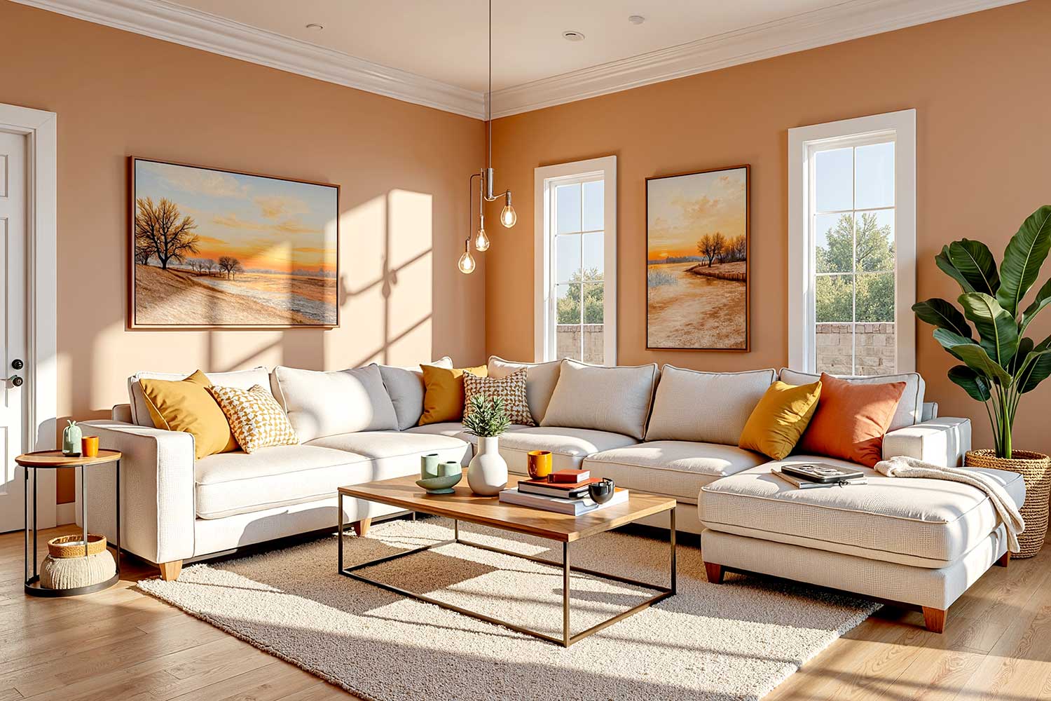 living room with warm apricot walls white trim and light oak flooring, modern-living-room-painted-in-warm-colors, The Power of Paint: Transforming Your Living Space with Color, Modern Living Room, Bryce House Painting