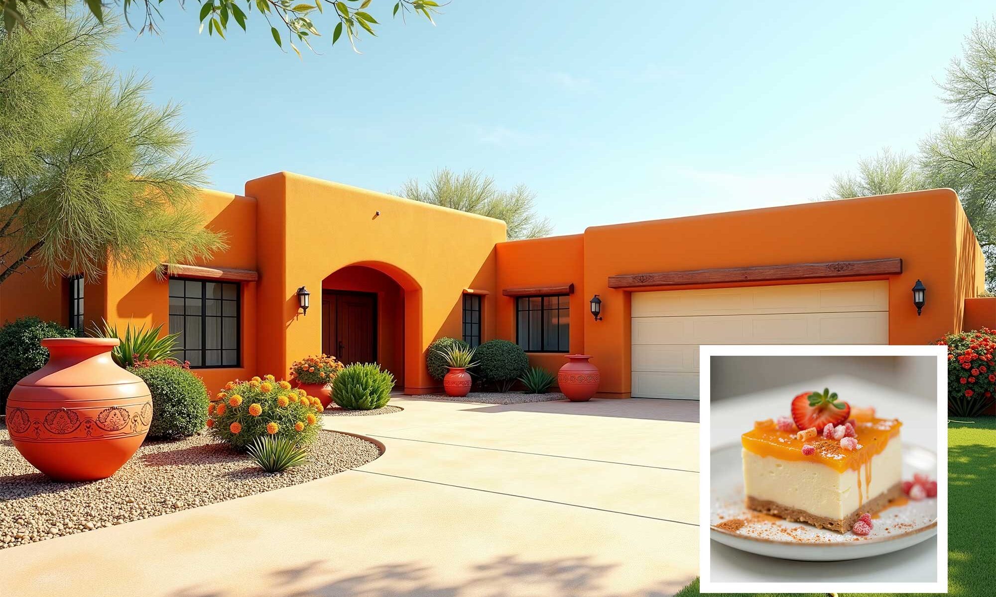mango orange southwestern adobe house cream trim in Scottsdale FEATURE, exterior house paint colors inspired by Instagram desserts, exterior house paint colors inspired by food , house paint colors inspired by food, unique house color inspiration from Instagram desserts, color schemes from food, home exterior colors from food, house colors, paint colors, color ideas, home colors, color inspiration