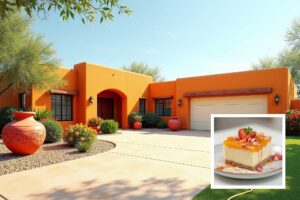 mango orange southwestern adobe house cream trim in Scottsdale FEATURE, exterior house paint colors inspired by Instagram desserts, exterior house paint colors inspired by food , house paint colors inspired by food, unique house color inspiration from Instagram desserts, color schemes from food, home exterior colors from food, house colors, paint colors, color ideas, home colors, color inspiration
