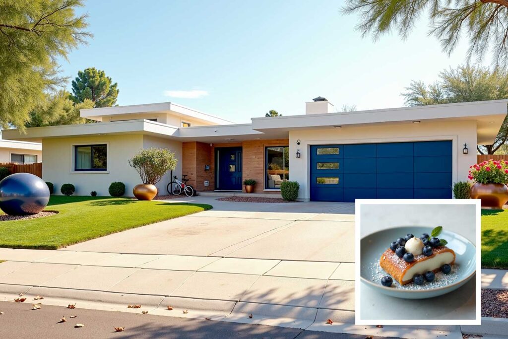 mid-century modern home with cream walls and white trim and navy blue doors, exterior house paint colors inspired by Instagram desserts, exterior house paint colors inspired by food , house paint colors inspired by food, unique house color inspiration from Instagram desserts, color schemes from food, home exterior colors from food, house colors, paint colors, color ideas, home colors, color inspiration
