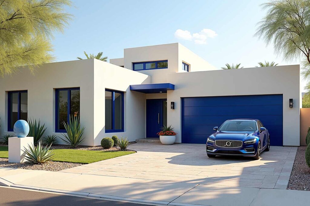 modern Phoenix house with creamy limestone walls deep blue trim and blue car, car and home color coordination, house and auto color ideas, matching car and house paint, car-inspired house colors, vehicle and house color combos, exterior colors for cars and homes, car-driven home color choices, house colors to match your car, coordinated car and home exteriors, car and house color matching, harmonize car and house colors