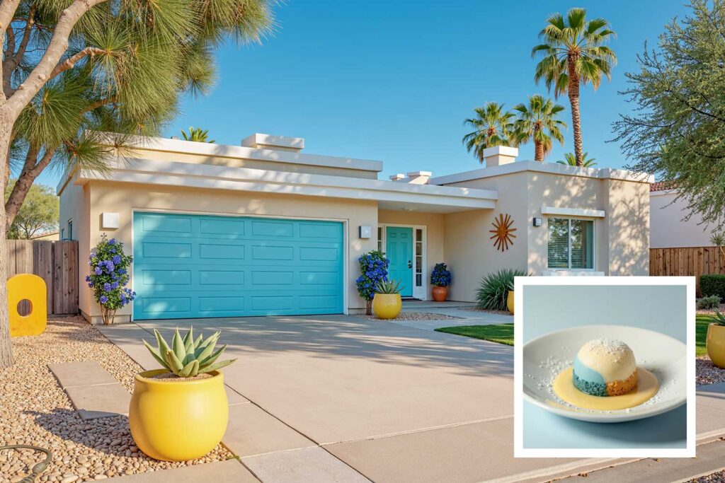 modern Phoenix house with light beige walls and white trim and aqua blue door, exterior house paint colors inspired by Instagram desserts, exterior house paint colors inspired by food , house paint colors inspired by food, unique house color inspiration from Instagram desserts, color schemes from food, home exterior colors from food, house colors, paint colors, color ideas, home colors, color inspiration