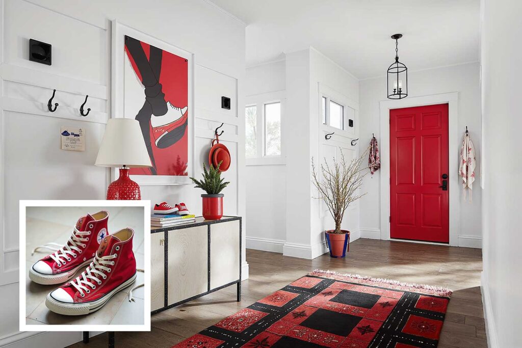 modern entryway crisp white walls bold red door black trim oak floors scottsdale, house color ideas from shoes, matching house color to shoes, house color ideas from shoe wardrobe, letting shoes inspire house color choice, matching shoe color to house exterior, using shoe colors to select home paint, choosing house color based on shoes, coordinating home paint with shoes