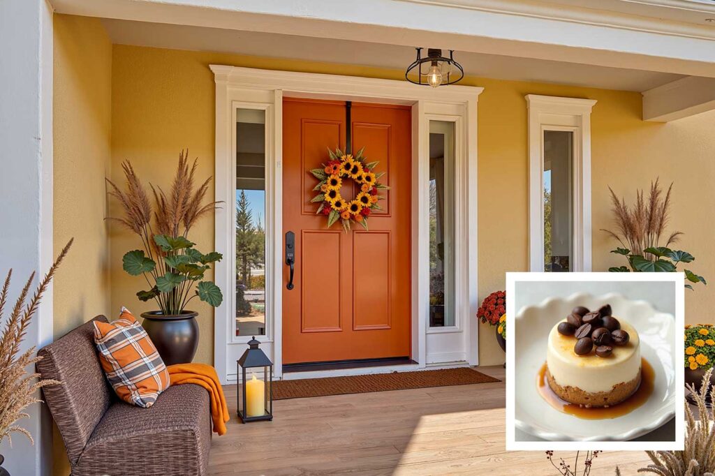 modern farmhouse in yellow-beige and cream trim with pumpkin orange front door, exterior house paint colors inspired by Instagram desserts, exterior house paint colors inspired by food , house paint colors inspired by food, unique house color inspiration from Instagram desserts, color schemes from food, home exterior colors from food, house colors, paint colors, color ideas, home colors, color inspiration
