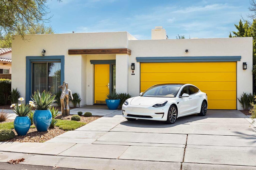 modern house with off-white stucco slate blue trim yellow door and white electric car, car-influenced home color palettes, matching your ride and residence, car and house paint harmony, car-themed house color inspiration, color pairings for cars and homes, sync your car and house colors, vehicle-inspired home exteriors, house color ideas from your car