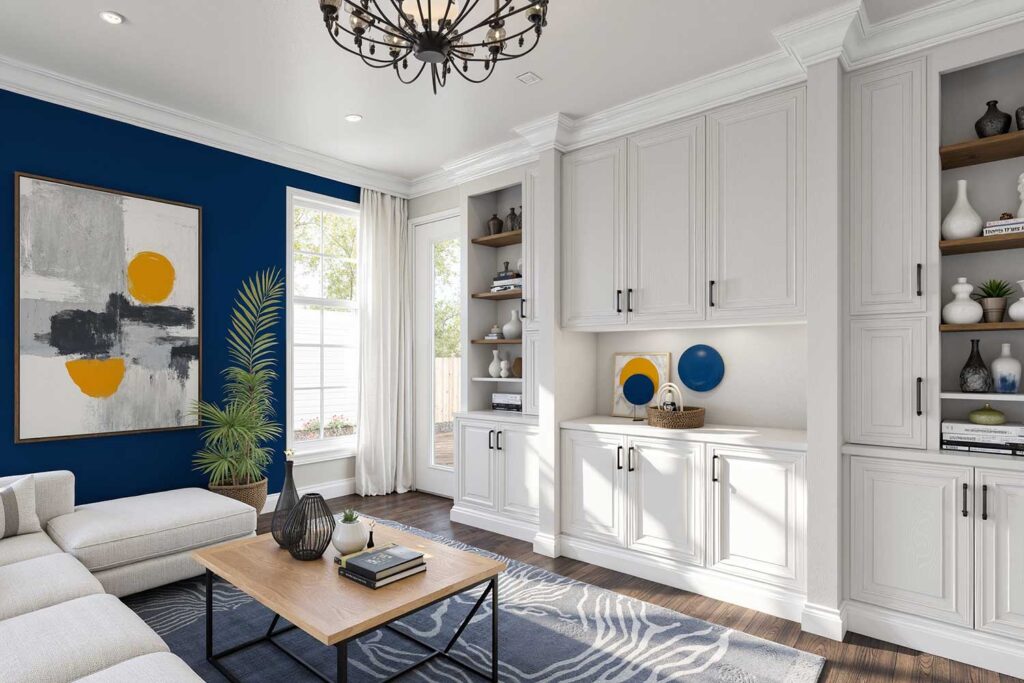 modern living room with soft greige and blue walls crisp white trim and wood floors, Crown-molding-and-trim-in-modern-living-room, The Power of Paint: Transforming Your Living Space with Color, Modern Living Room, Bryce House Painting
