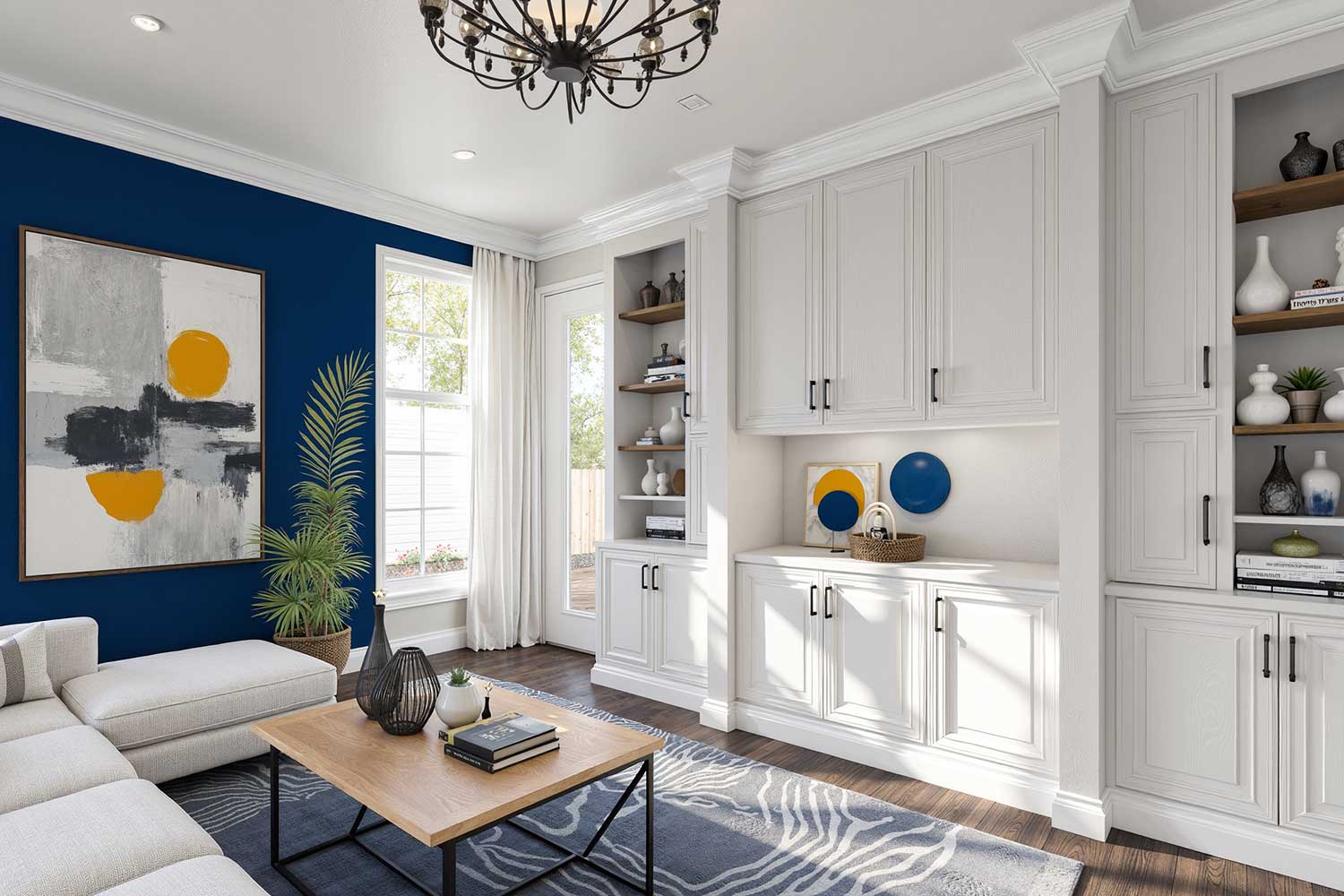 modern living room with soft greige and blue walls crisp white trim and wood floors, Crown-molding-and-trim-in-modern-living-room, The Power of Paint: Transforming Your Living Space with Color, Modern Living Room, Bryce House Painting