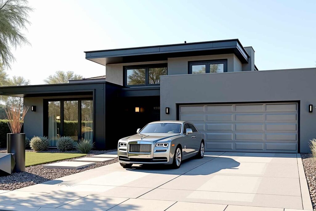 modern luxury Scottsdale house with gray walls black trim and silver metallic door and car, car and home color coordination, house and auto color ideas, matching car and house paint, car-inspired house colors, vehicle and house color combos, exterior colors for cars and homes, car-driven home color choices, house colors to match your car, coordinated car and home exteriors, car and house color matching, harmonize car and house colors