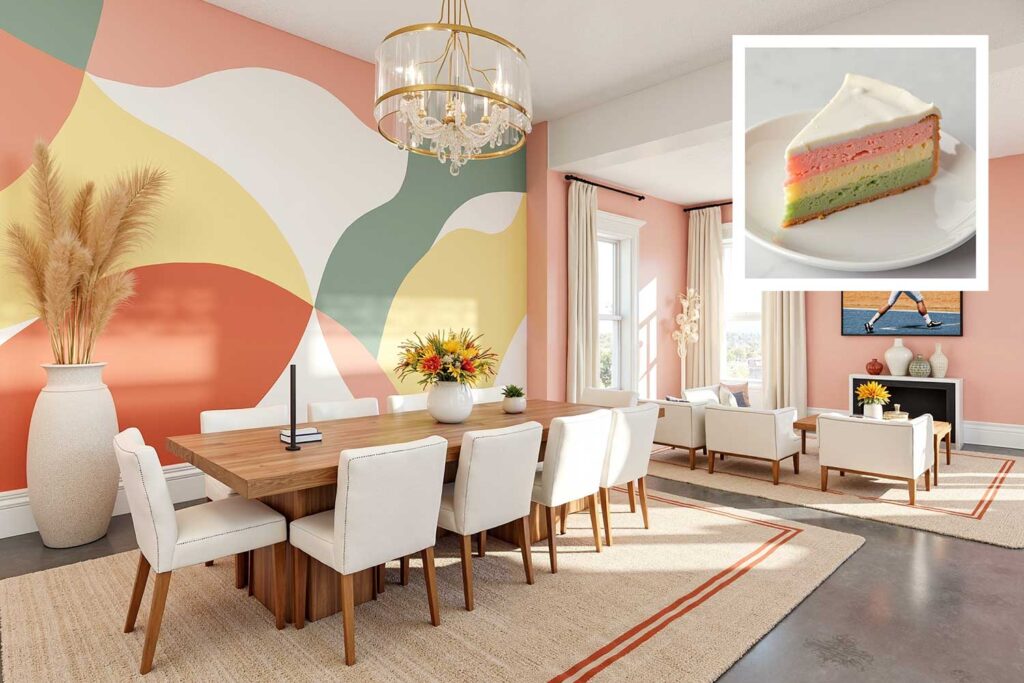 open floorplan dining room with pint yellow coral and sage hues mural accent wall, house color inspiration, interior house paint colors inspired by food unique house color inspiration from everyday items, unique house color inspiration from instagram food, unique house color inspiration from instagram desserts, interior color schemes based on desserts