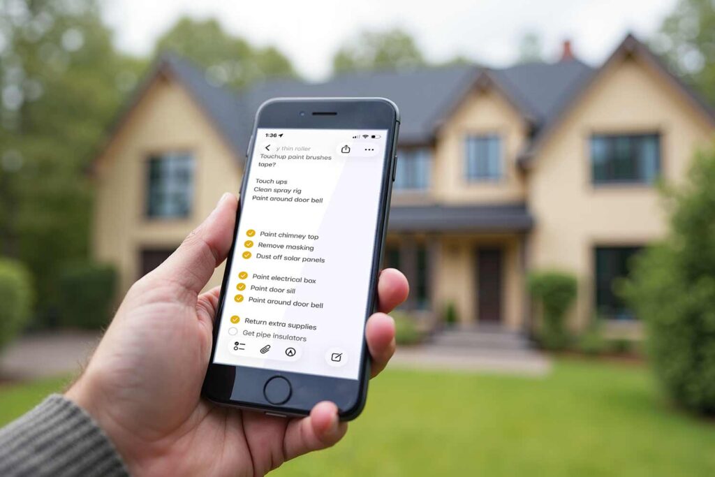 painter’s hand with a list of things to do on the screen of an iPhone with a house in the background, communication with exterior paint contractors, collaborating with exterior paint contractors, discussing plans with painting professionals, consulting with house painters, coordinating with exterior painting companies, sharing ideas with paint contractors, exchanging ideas with exterior painting services, conveying your vision to painting experts, dialogue with exterior house painters, engaging with painting contractors, working with exterior painting specialists, interacting with professional painters, partnering with exterior paint services, communicating preferences to house painters, providing input to painting contractors, articulating your goals for exterior painting, giving feedback to exterior paint professionals, connecting with home exterior painters, requesting advice from painting contractors, outlining expectations to exterior painters, reaching agreements with painting companies