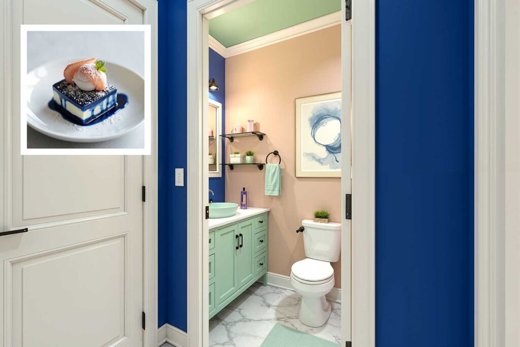 powder room with deep indigo blue and peach walls and soft cream trim and mint green rug, house color inspiration, interior house paint colors inspired by food unique house color inspiration from everyday items, unique house color inspiration from instagram food, unique house color inspiration from instagram desserts, interior color schemes based on desserts
