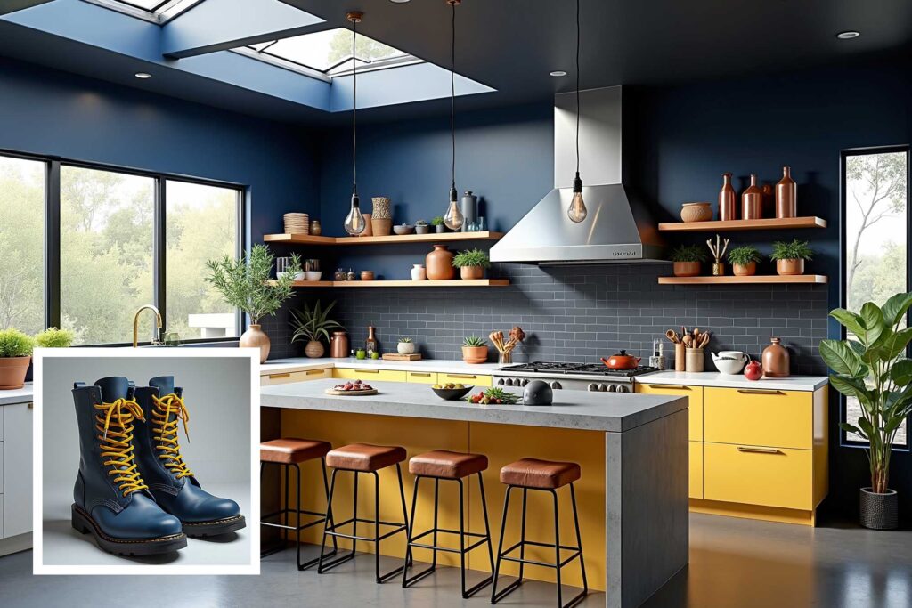 rebellious industrial modern kitchen navy blue walls white trim concrete floors Scottsdale interior, house color ideas from shoes, matching house color to shoes, house color ideas from shoe wardrobe, letting shoes inspire house color choice, matching shoe color to house exterior, using shoe colors to select home paint, choosing house color based on shoes, coordinating home paint with shoes