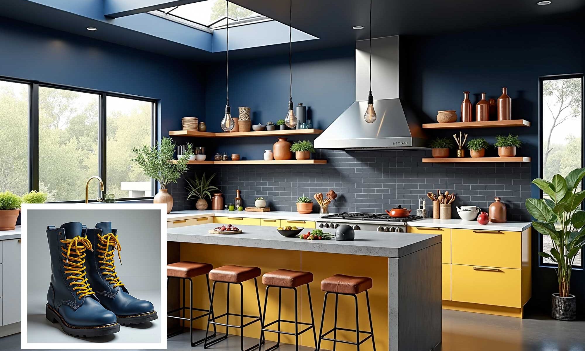 rebellious industrial modern kitchen navy blue walls white trim concrete floors Scottsdale interior, house color ideas from shoes, matching house color to shoes, house color ideas from shoe wardrobe, letting shoes inspire house color choice, matching shoe color to house exterior, using shoe colors to select home paint, choosing house color based on shoes, coordinating home paint with shoes