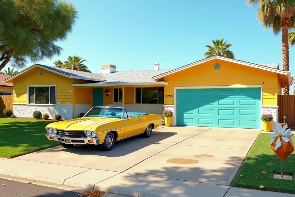 retro ranch home with yellow siding white trim teal garage door and yellow convertible, car and house color ideas, house and car colors, match your house to your car, let your car drive your house color choice, best exterior house colors for phoenix, how to match house color to car, car and house color coordination ideas, car and house color ideas, home and vehicle color schemes