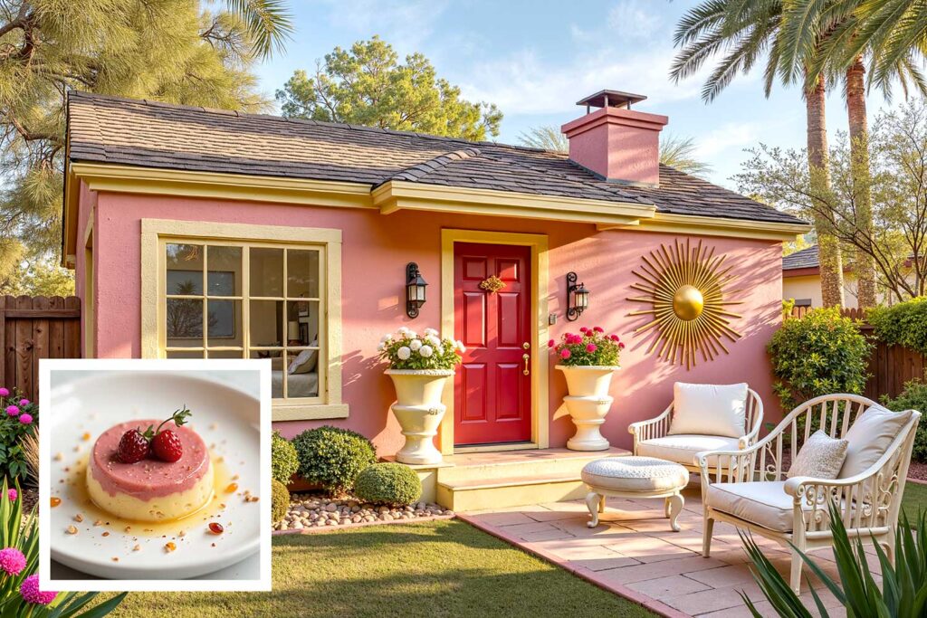 romantic soft pink guest house with creamy yellow trim and berry red door, exterior house paint colors inspired by Instagram desserts, exterior house paint colors inspired by food , house paint colors inspired by food, unique house color inspiration from Instagram desserts, color schemes from food, home exterior colors from food, house colors, paint colors, color ideas, home colors, color inspiration